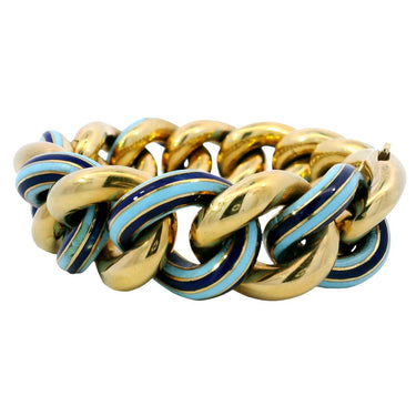 Vintage Heavy Curb Link Bracelet Light Dark Ocean Blue Enamel 7.5" Length
