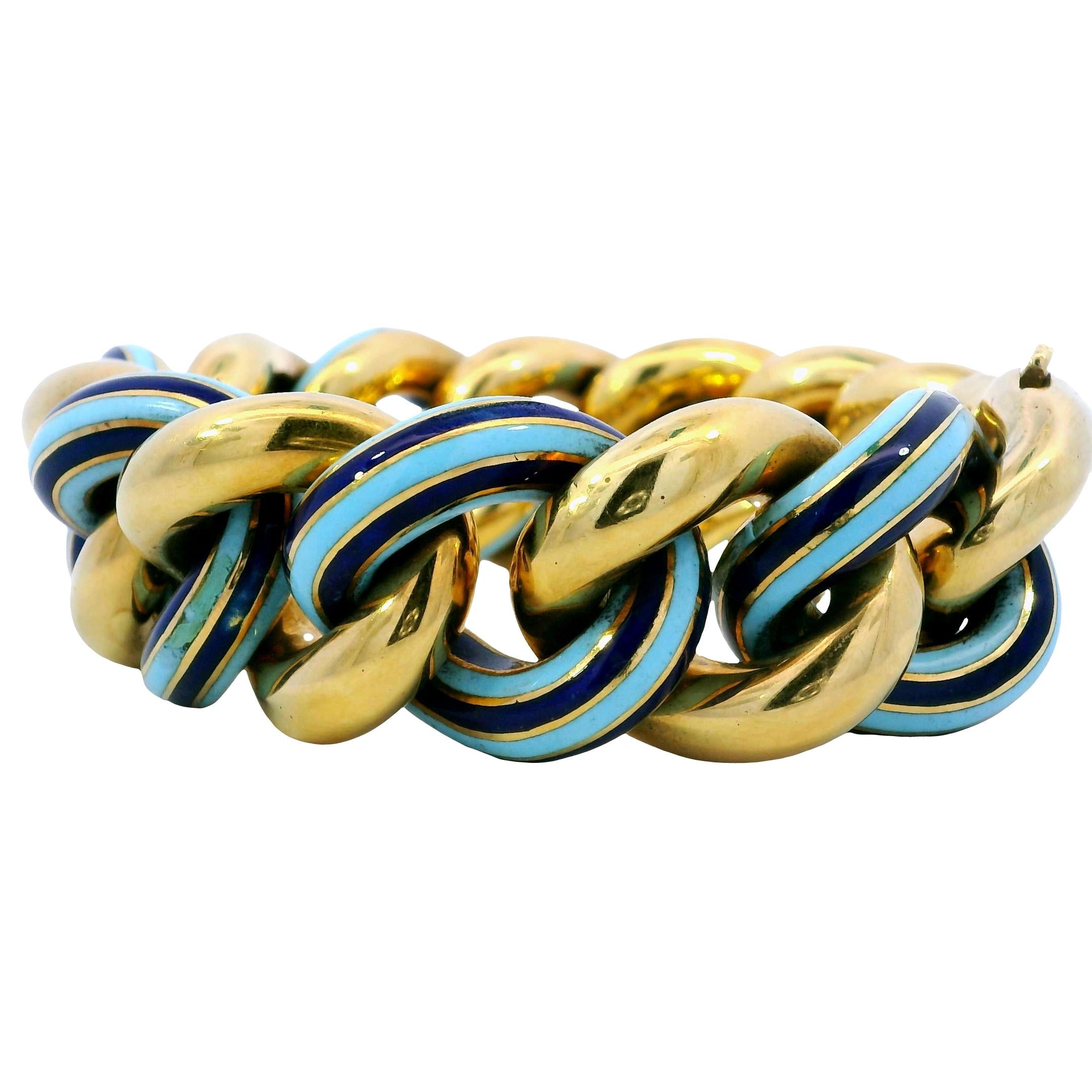 Vintage Heavy Curb Link Bracelet Light Dark Ocean Blue Enamel 7.5" Length