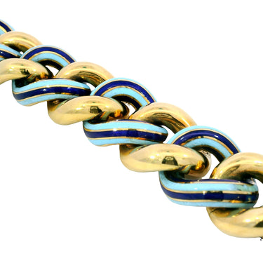 Vintage Heavy Curb Link Bracelet Light Dark Ocean Blue Enamel 7.5" Length