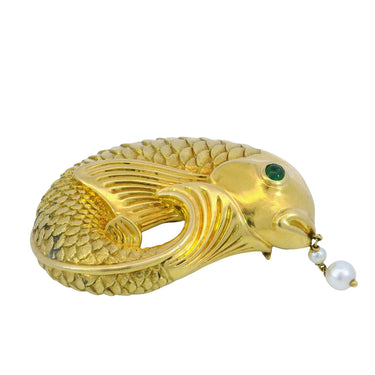 Andrew Clunn Fish Brooch 18K Yellow Gold Emerald Cabochon Eyes