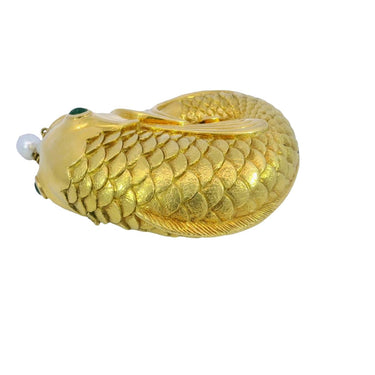 Andrew Clunn Fish Brooch 18K Yellow Gold Emerald Cabochon Eyes