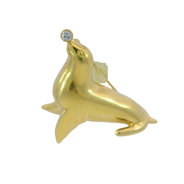 Tiffany & Co. Animal Seal Brooch Balancing Diamond Ball 18K Yellow Gold