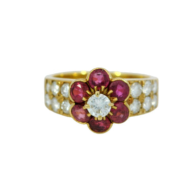 Van Cleef Ruby Diamond Cluster Flower Ring 18K Yellow Gold Size 5.25