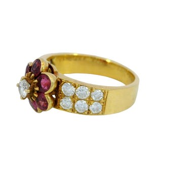Van Cleef Ruby Diamond Cluster Flower Ring 18K Yellow Gold Size 5.25