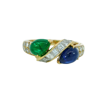 Boucheron Diamond Band Ring Emerald Sapphire Twist 18K Yellow Gold Size 5.5