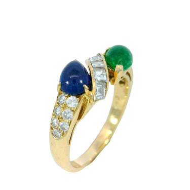 Boucheron Diamond Band Ring Emerald Sapphire Twist 18K Yellow Gold Size 5.5