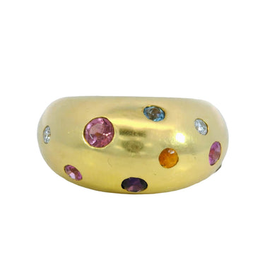 Vintage 18K Puffy Band Ring French Colored Gemstones Yellow Gold