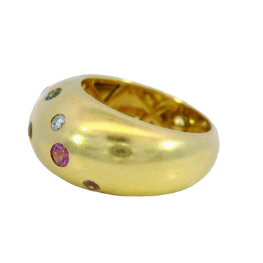 Vintage 18K Puffy Band Ring French Colored Gemstones Yellow Gold