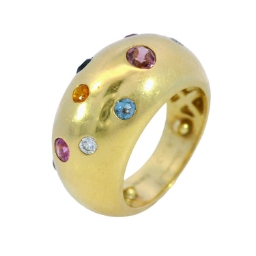 Vintage 18K Puffy Band Ring French Colored Gemstones Yellow Gold