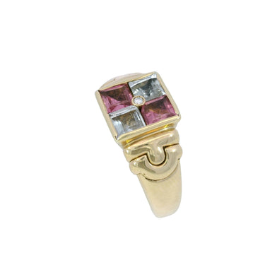 Bulgari Carre 18K Ring Aquamarine Tourmaline Diamond Vintage 18K Yellow Gold