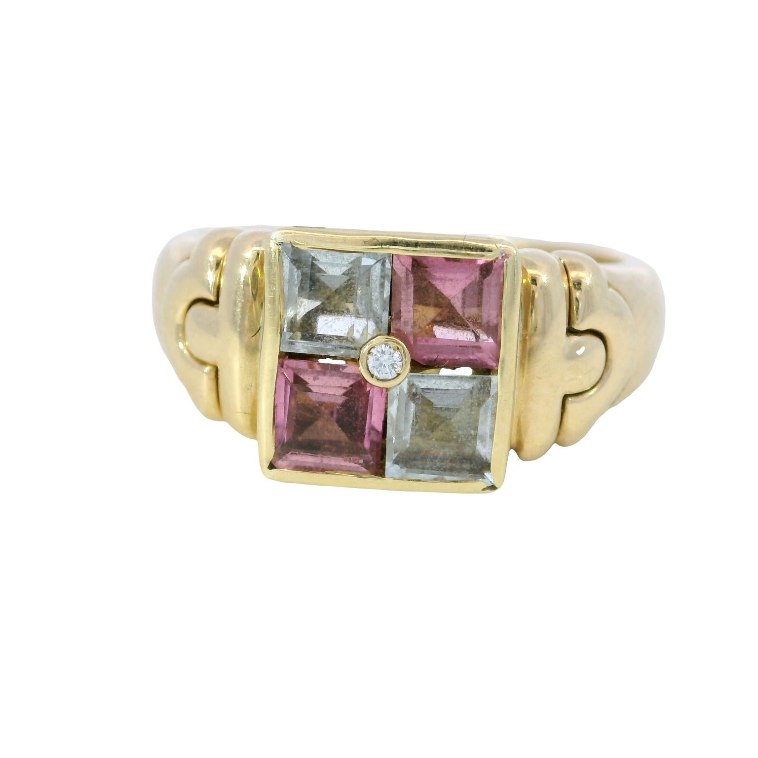 Bulgari Carre 18K Ring Aquamarine Tourmaline Diamond Vintage 18K Yellow Gold