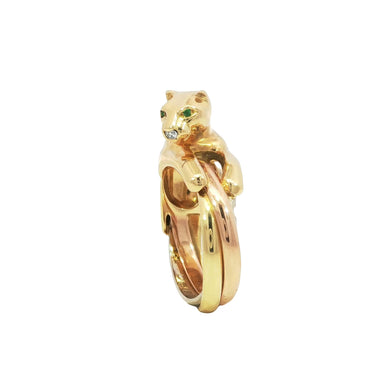 Vintage Cartier Trinity Panther Ring 18K Gold Diamond Nose and Emerald Eyes