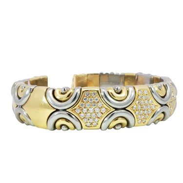 Vintage Italian 18K Diamond Cuff Bracelet Gold & Steel by Acciaio Foro ~1.87ctw