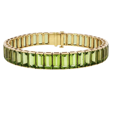 18K Emerald Cut Bracelet Peridot Straight Line Tennis Bracelet 18K Gold ~26ctw
