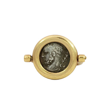 18K Ancient Coin Flip Ring Bezel Set Silver Coin Yellow Gold Size 8.75
