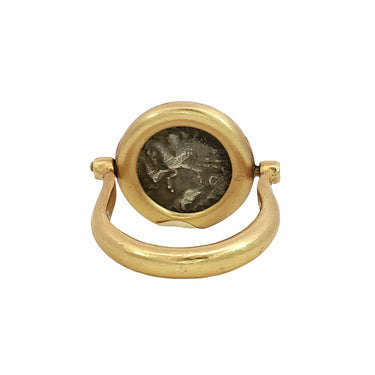 18K Ancient Coin Flip Ring Bezel Set Silver Coin Yellow Gold Size 8.75