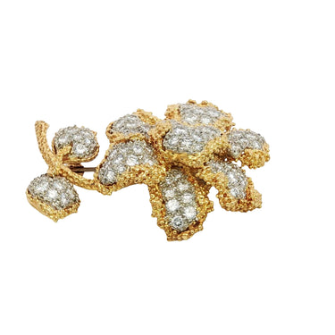 Vintage Diamond Flower Brooch French Made Pave Set 18k Yellow Gold ~5.48ctw