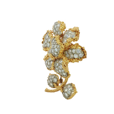 Vintage Diamond Flower Brooch French Made Pave Set 18k Yellow Gold ~5.48ctw
