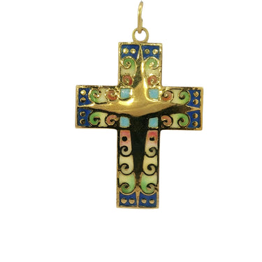 Masriera Plique-a-Jour Enamel Cross Pendant 18K Yellow Gold