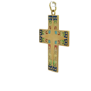 Masriera Plique-a-Jour Enamel Cross Pendant 18K Yellow Gold