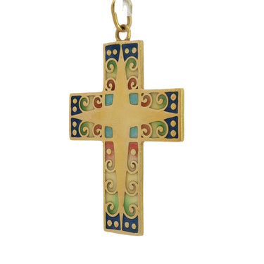 Masriera Plique-a-Jour Enamel Cross Pendant 18K Yellow Gold