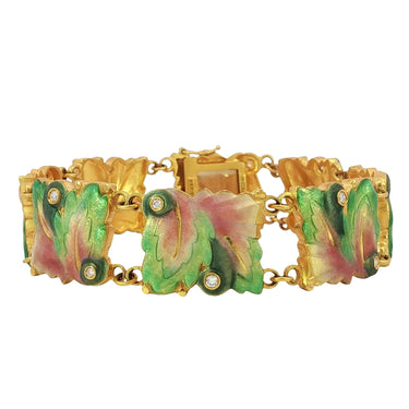 Masriera 18K Diamond Bracelet Plique A Jour Leaf Motif Yellow Gold Size 6.75