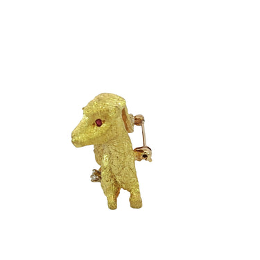 Vintage 18K Lamb Sheep Brooch Ruby Eyes Textured Finish Yellow Gold