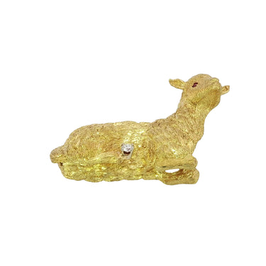 Vintage 18K Lamb Sheep Brooch Ruby Eyes Textured Finish Yellow Gold