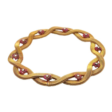 Retro Double Tubogas Necklace with Diamonds and Rubies in 18 Karat Yellow Gold