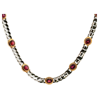 Bulgari Curb Chain Link Necklace with Bezel Set Garnet 18K White and Yellow Gold