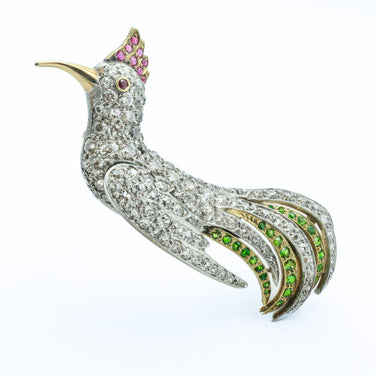 Victorian 14k Gold and Silver Rooster Brooch: Diamonds, Demantoid Garnet, Rubies