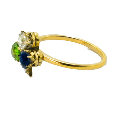 Victorian Clover Ring with Demantoid Garnet Sapphire and Diamond in 18K Gold