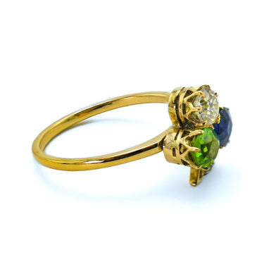 Victorian Clover Ring with Demantoid Garnet Sapphire and Diamond in 18K Gold