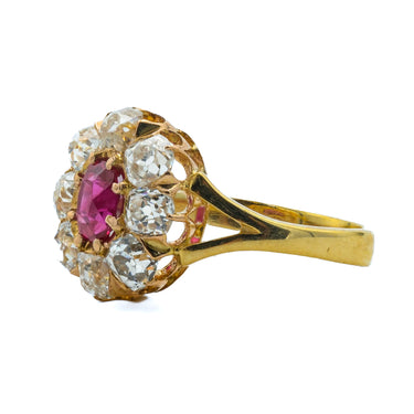Victorian 18 Karat Ruby and Old Miner Cut Diamonds Cluster Ring