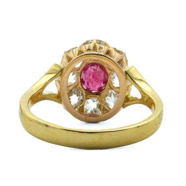Victorian 18 Karat Ruby and Old Miner Cut Diamonds Cluster Ring