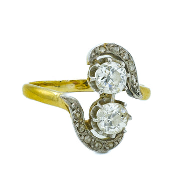 French Victorian Toi Et Moi Bypass Diamond Ring in 18 Karat Gold