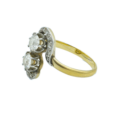 French Victorian Toi Et Moi Bypass Diamond Ring in 18 Karat Gold