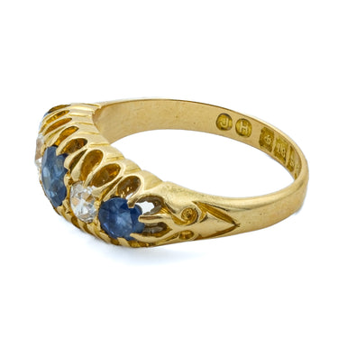 English Victorian Half-Moon Ring w/ Sapphires and Diamonds 18 Karat Yellow Gold