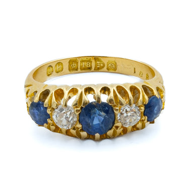 English Victorian Half-Moon Ring w/ Sapphires and Diamonds 18 Karat Yellow Gold