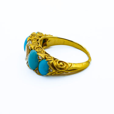 Antique Victorian 18k Yellow Gold Half Moon Ring with .92ct Diamond & Turquoise
