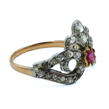 Victorian Crown 18 Karat and Platinum Ring, Synthetic Ruby and Rose Cut Diamonds