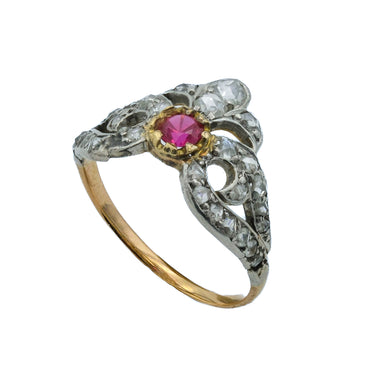 Victorian Crown 18 Karat and Platinum Ring, Synthetic Ruby and Rose Cut Diamonds