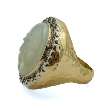 Carved Moonstone Face Ring With Diamonds and Sapphires in 18K Yellow Gold