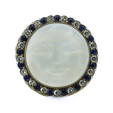 Carved Moonstone Face Ring With Diamonds and Sapphires in 18K Yellow Gold