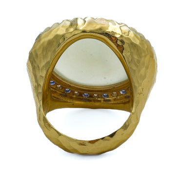 Carved Moonstone Face Ring With Diamonds and Sapphires in 18K Yellow Gold