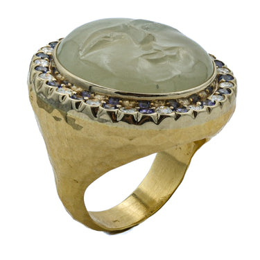 Carved Moonstone Face Ring With Diamonds and Sapphires in 18K Yellow Gold