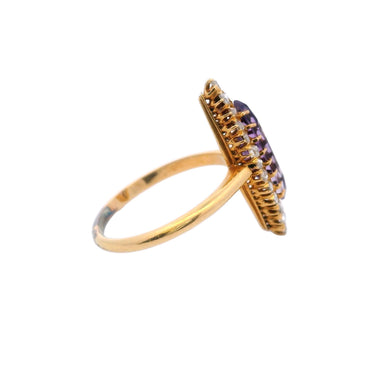 Victorian 18K Yellow Gold Amethyst and Rose Cut Diamond Navette Ring