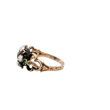 Victorian Mourning Ring with Emerald Ruby and Pearls dated '1848' in 18K Gold