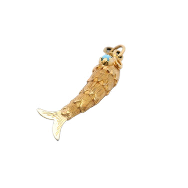 Vintage 18 Karat Gold Fish Charm Pendant with Turquoise Eyes