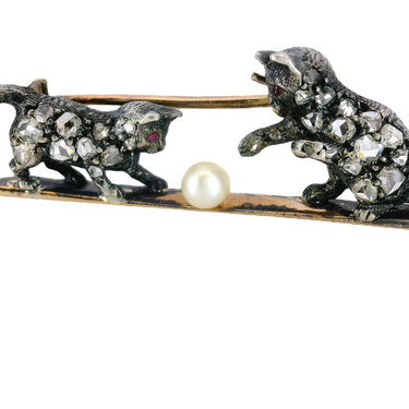 Victorian Kittens Playing Ball With Rose Cut Diamonds and Pearl Brooch